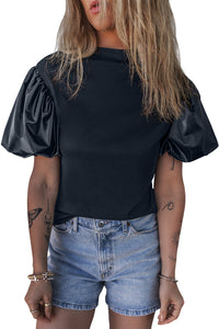 Faux Leather Puff Short Sleeve Mock Neck Top