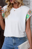 Floral Crochet Sleeve Crew Neck Top