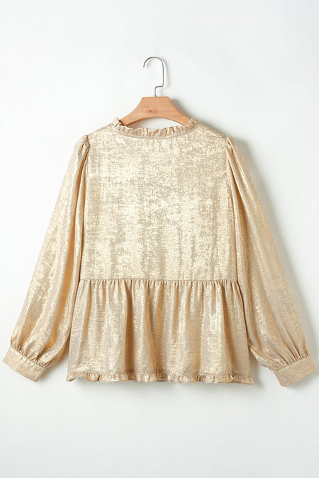 Metallic Frilled V Neck Puff Sleeve Babydoll Blouse