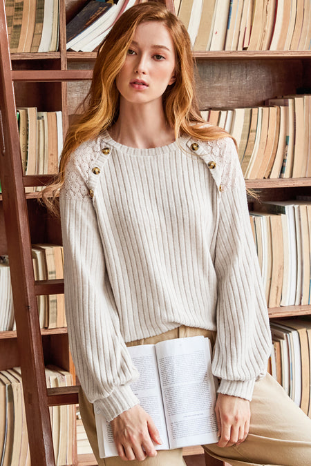 Parchment Contrast Lace Raglan Sleeve Buttoned Ribbed Top