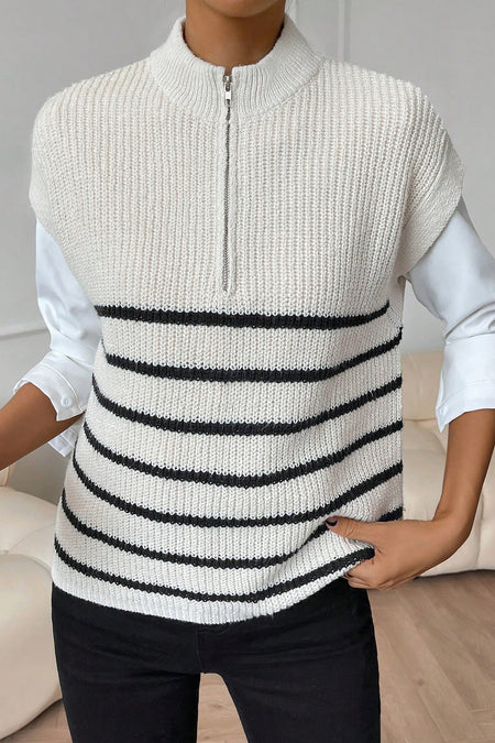 White Stripe Half Zip Split Stand Neck Sweater T-shirt