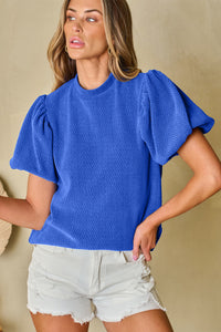 Solid Textured Puff Sleeve Mock Neck Blouse