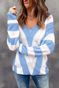 Striped Colorblock V Neck Knitted Sweater