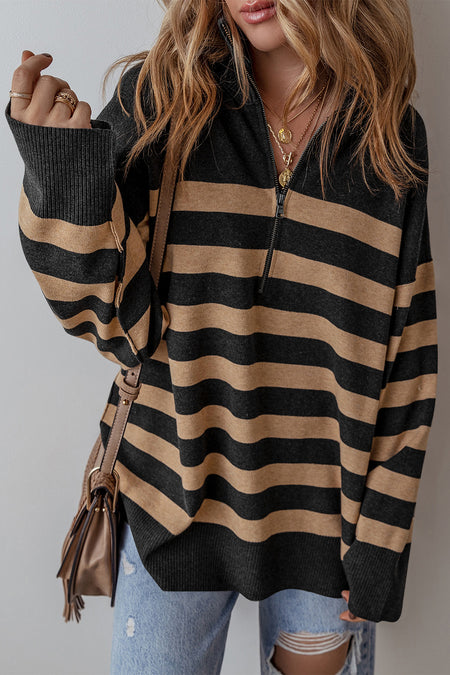 Stripe Collared Quarter Zipper Oversized Sweater