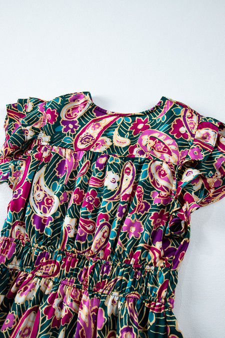 Paisley Print Flutter Sleeve Tiered Ruffle Dress