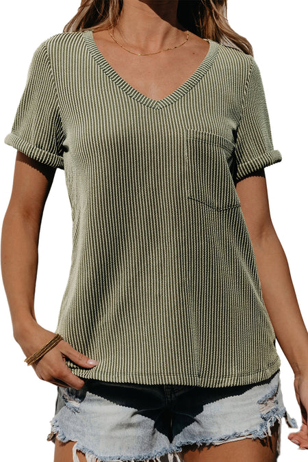 Twist Short Sleeve Corded V Neck Top