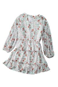 V Neck Puff Sleeves Floral Tunic Dress