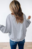 Waffle Patchwork Long Sleeve Raw Hem Pullover Top