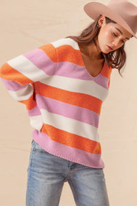 Colorblock V Neck Casual Sweater