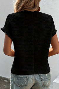 Black Solid Textured Ruffled Short Sleeve Blouse
