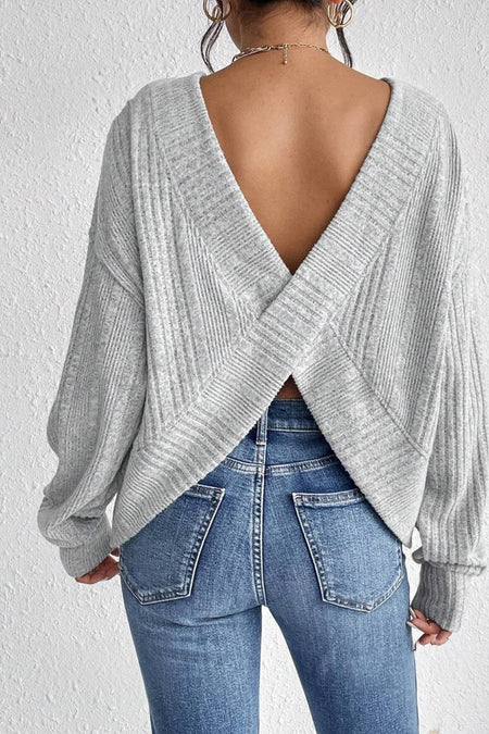 Textured Crossover Backless Knit Long Sleeve Top