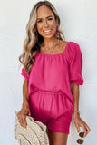 Crinkled Textured Square Neck Puff Sleeve and Shorts Set