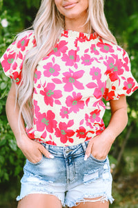 Floral Puff Sleeve Frilled Neckline Blouse