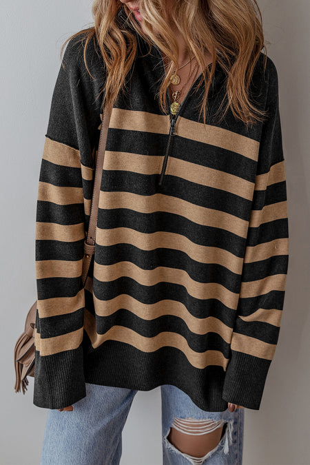 Stripe Collared Quarter Zipper Oversized Sweater