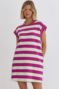 Rose Stripe Cap Sleeve Pocketed Shift T-shirt Dress