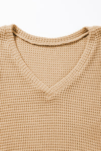 V Neck Petal Sleeve Waffle Knit T-Shirt