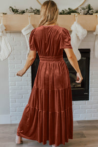 Velvet Short Sleeve Shirred Waist Tiered Maxi Dress