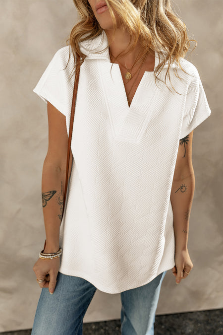 Textured V Neck Collared Short Sleeve Top