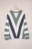 Striped Colorblock V Neck Knitted Sweater