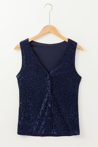 Sequined Deep V Neck Buttoned Tank Top