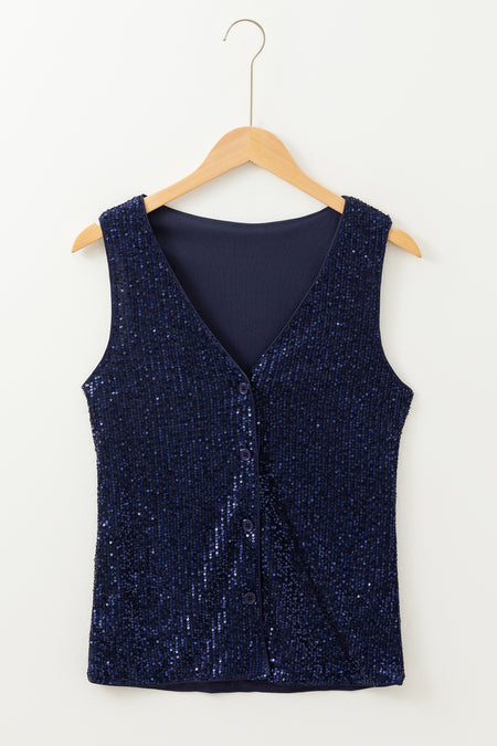 Sequined Deep V Neck Buttoned Tank Top