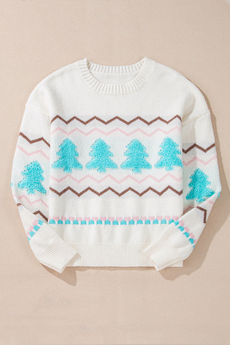 Christmas Tree Ribbed Trim Drop Shoulder Sweater