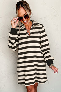 Stripe Collared V Neck Long Sleeve Loose Casual Dress