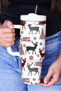 Merry Christmas Tree Snowflake Elk Print Handle Tumbler