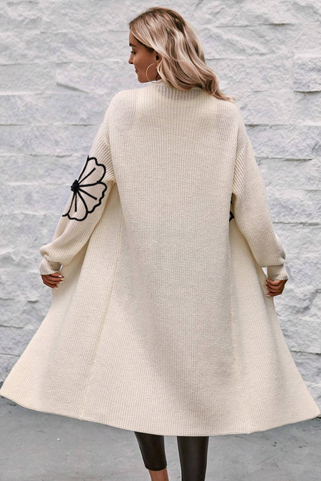 Flower Embroidered Drop Shoulder Open Front Duster Cardigan