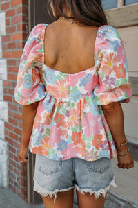 Pink Floral Puff Sleeve Square Neck Babydoll Blouse