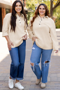 Waffle Long Sleeve Collar Half Button Loose Top