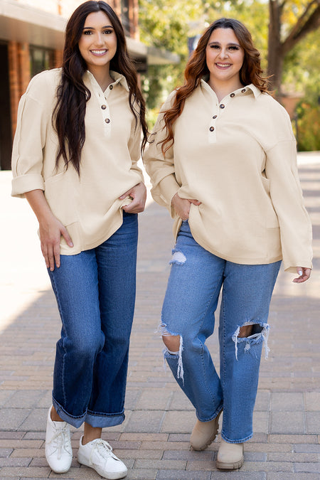 Waffle Long Sleeve Collar Half Button Loose Top