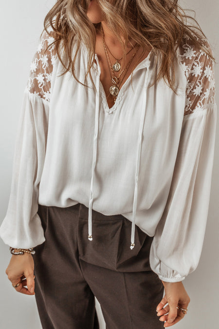 Lace Patchwork Puff Sleeve Tied V Neck Blouse