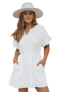 White Puff Sleeve Drawstring Shirt Dress with Pockets