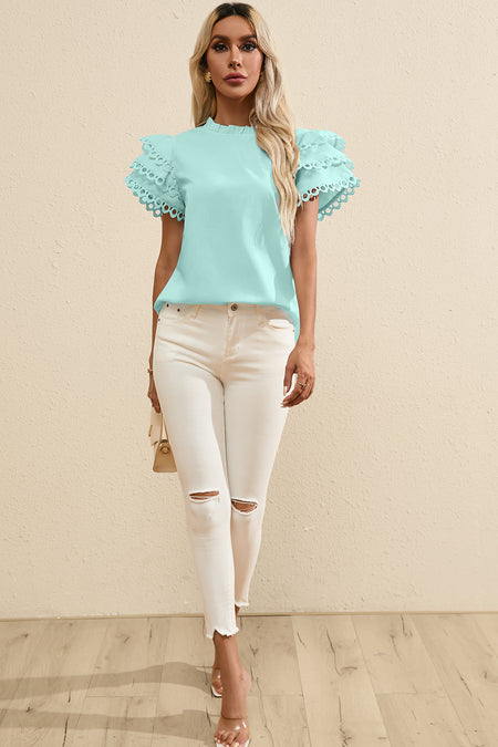 Layered Ric Rac Cap Sleeve Filled Neck Blouse