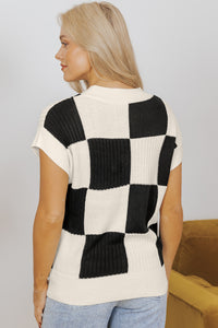 Checkered Color Block Crew Neck Short Sleeve Sweater