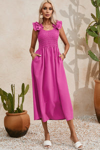 Solid Color Ruffled Straps Smocked Ruched Maxi Dress