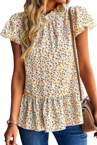 Floral Frilled Collar Ruffled Short Sleeve Blouse