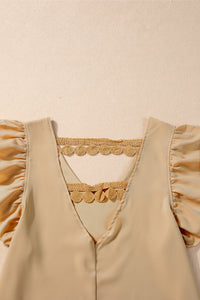 Parchment V Neck Ruffle Sleeve Lace Embellished Hollow Back Blouse