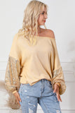 Sequin Patchwork Sleeve Open Back Waffle Knit Top