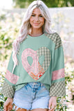 Plaid Floral Peace Heart Graphic Wide Long Sleeve Top