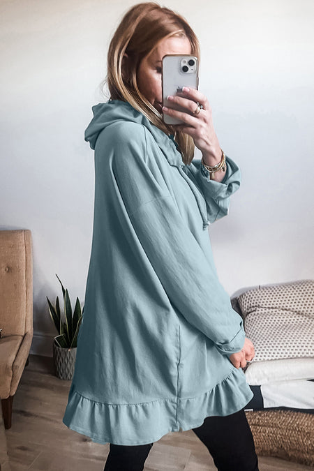 Ruffled Hem Loose Fit Tunic Hoodie