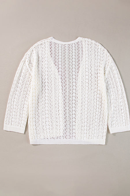 White Stylish Hollow Out Knit Drop Shoulder Cardigan