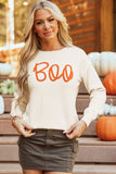 Boo Knitted Pattern Ribbed Edge Drop Shoulder Sweater