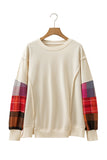Beige Contrast Plaid Long Sleeve Exposed Seam Patchwork Top