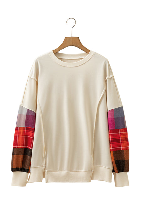 Beige Contrast Plaid Long Sleeve Exposed Seam Patchwork Top