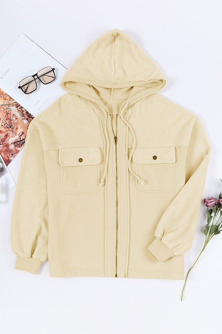 Flap Pocket Drawstring Hood Zip Up Jacket