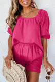 Crinkled Textured Square Neck Puff Sleeve and Shorts Set