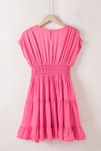 Ruched Sleeve V Neck Smock Waist Tiered Ruffled Dress
