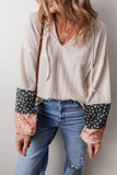 Floral Patchwork Textured Knit Drawstring V Neck Blouse